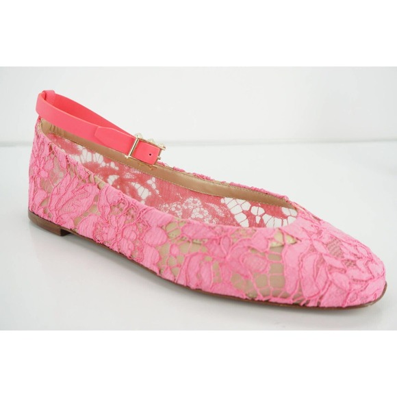 Valentino Pink Lace and Mesh Espadrille Flats Size 37  Valentino Pink Lace Mesh Ankle Strap Round Toe Skimmer Flats Size 37 NIB $975